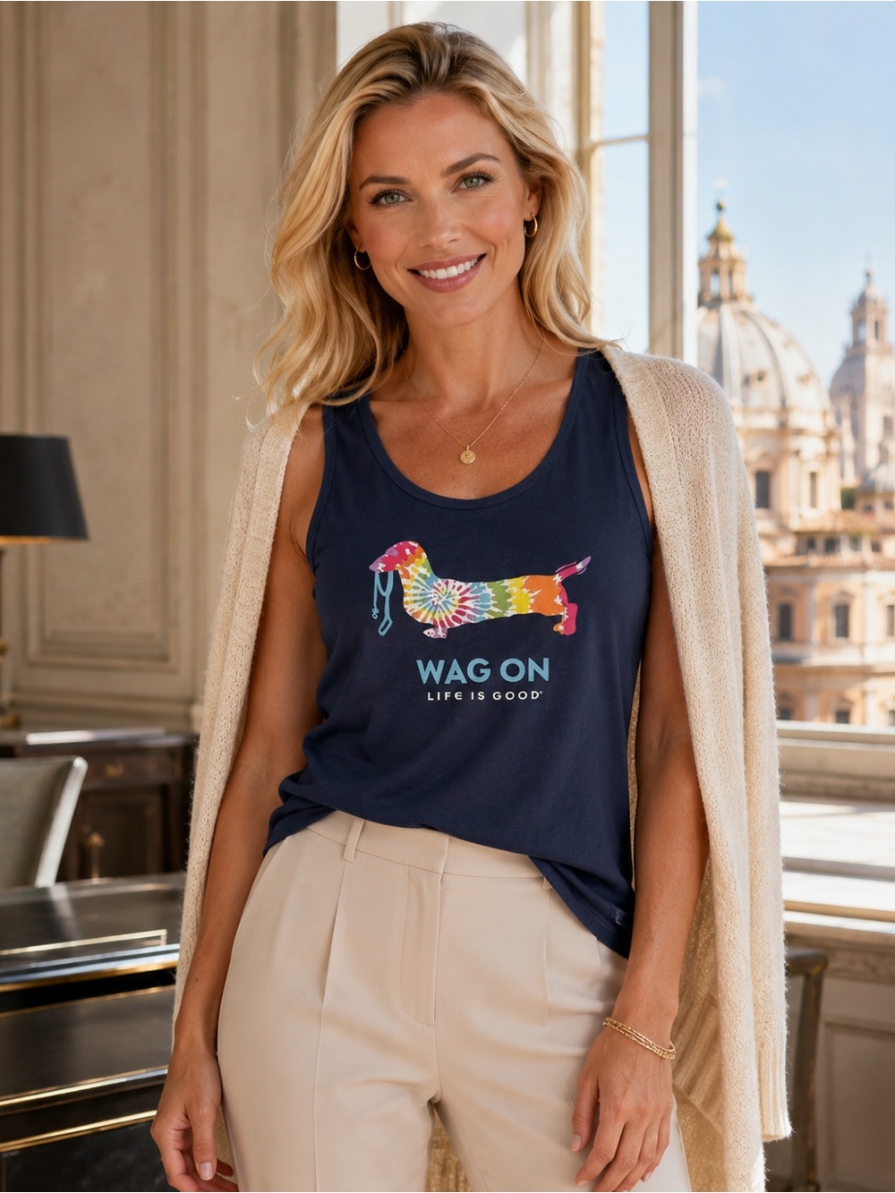 Life Is Good Navy Tank with Multicolor Tie-Dye Dachshund Graphic